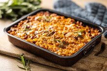 Baked Pasta With Smoked Meat, Sausage, Egg, Cheese And Spices. Traditional Czech Food