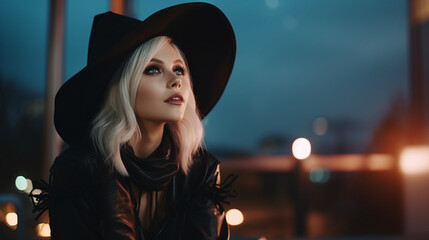 Poster - Lady attending a Halloween gathering in a witch costume.