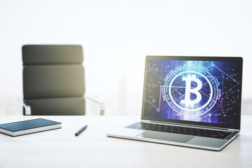 Aufkleber - Modern computer monitor with creative Bitcoin symbol. Cryptocurrency concept. 3D Rendering