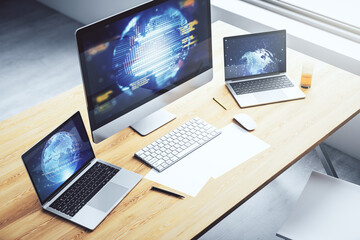 Aufkleber - Modern computer screen with abstract graphic coding sketch and world map, big data and networking concept. 3D Rendering