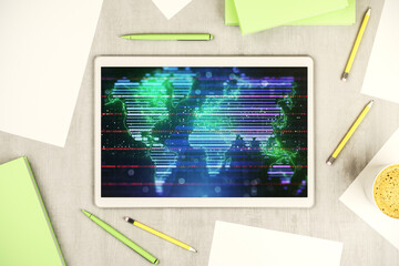Poster - Top view of modern digital tablet monitor with abstract digital world map, research and strategy concept. 3D Rendering