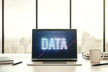 Poster - Creative Data word hologram on modern laptop monitor, big data and blockchain concept. 3D Rendering