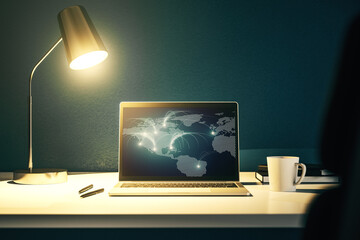 Poster - Modern computer monitor with abstract digital world map with connections, research and strategy concept. 3D Rendering