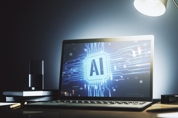 Poster - Modern computer monitor with creative artificial Intelligence icon. Neural networks and machine learning concept. 3D Rendering
