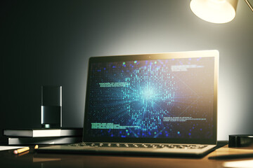 Poster - Creative concept of code skull illustration on modern laptop screen. Hacking and phishing concept. 3D Rendering