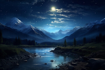 Wall Mural - night mountain landscape. generative ai. bright starry sky in the mountains.