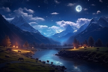 Wall Mural - night mountain landscape. generative ai. bright starry sky in the mountains.