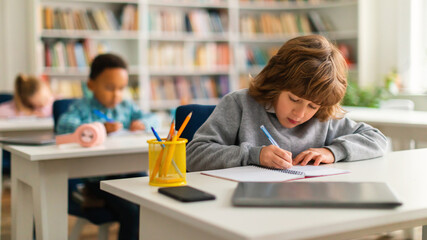 Poster - Smart diverse school kids writing in copybooks at desks