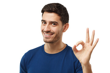 Wall Mural - Young man showing OK or okay gesture with fingers of one hand
