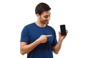 Portrait of happy man showing blank phone and pointing to black screen with finger