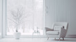 雪景色を室内から眺める肘掛け椅子のある風景