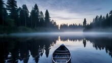 Canoe Fishing Boat On A Calm Tranquil Lake In Early Morning Hours, Generative AI