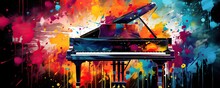 Grand Piano On Abstract Colorful Background With Splashes And Spotlights, Digital Painting. 