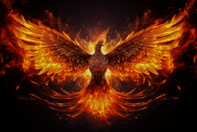 Mythical Flaming Phoenix Firebird Sparks And Flames On Fiery Background 