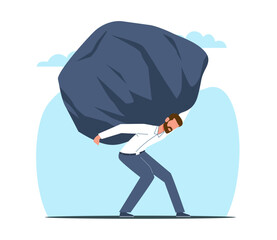Tired man carries heavy stone on his shoulder as symbol of problems and worries. Overloaded with difficult task. Unhappy person. Mental health. Cartoon flat style isolated vector concept