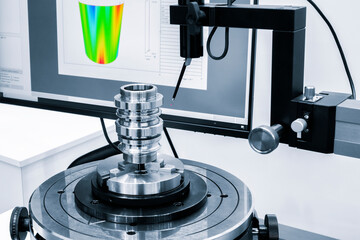 Poster - coordinate measuring machine in metal cutting industry. probe measure detail, operator inspection cam of camshaft by cam profile testing machine. industry metal processing concept blue tone