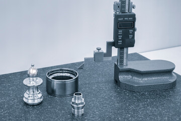 Poster - coordinate measuring machine in metal cutting industry. probe measure detail, operator inspection cam of camshaft by cam profile testing machine. industry metal processing concept blue tone 