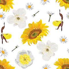 Wall Mural - Elegant seamless floral pattern with flowers. Endless design with  sunflowers, magnolia, orchid and daisy for printing. Repeatable botanical background. 