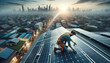 High-resolution image of an electrical technician at work on a rooftop, aligning and securing solar panels. 
