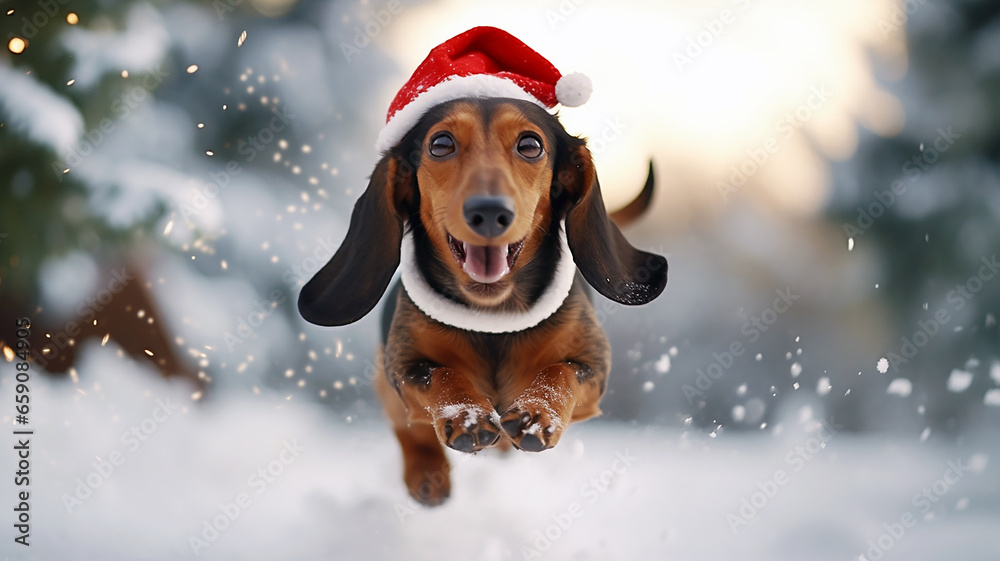 Cute dachshund dog with a Santa's hat running, jumping in the snow ...