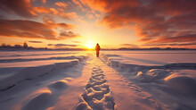 A person walking through snowy hills during winter sunset