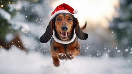 Wall Mural - Cute dachshund dog with a Santa's hat running, jumping in the snow, daytime in the winter snow in the woods.