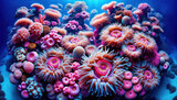 Fototapeta Do akwarium - High-resolution image of an underwater scene filled with coral flowers. Pink anemones, surrounded by intricate coral structures, paint a mesmerizing picture of ocean life.