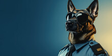A German Shepherd, Dressed As A Security Officer, Stands Confidently With Sunglasses, Offering Wide Banner Space For Text.