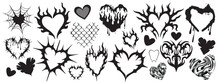 Heart Tattoo Neo Tribal Set, Gothic Rock Flame Shape Kit, Vector U2k Abstract Love Logo Concept. Valentine Punk Retro Sticker Collection, Neotribal Web Goth Decoration. Stylised Heart Tattoo Prints