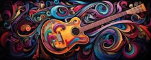 Abstract Music Background With Musical Notes And Colorful Guitar,Musical Fusion Background.