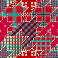 Poster - Patchwork textile pattern. Seamless quilting design background. Merry Christmas cozy pattern.