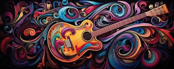 Abstract music background with musical notes and Colorful guitar,Musical Fusion background.