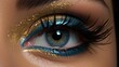 Captivating Macro Shot: A stunningly detailed close-up of a very light blue eye adorned with long black eyelashes and exquisite gold and gold eyeshadow. Created with generative AI technology
