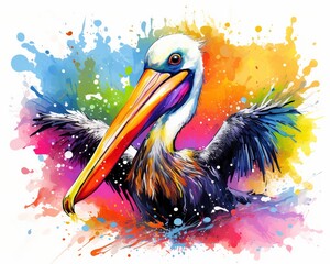 Wall Mural - big colorful pelican splashing in the water.