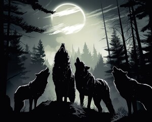 Naklejka na meble pack of gray wild wolves howls at the moon.