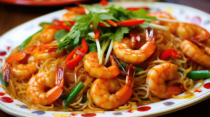 Wall Mural - Asian style noodle with sweet sauce and shrimp 