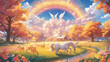 Generate an anime-style image of a heavenly farm filled with Pegasus. Most are radiant white, soaring gracefully, but one stands out with shimmering golden, fiery feathers, leaving a trail of flames. 
