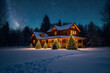 Verschneites Haus im Mondschein an Weihnachten.  KI Generated