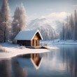 Kleines Häuschen am zugefrorenen See . Winter Landschaft . KI Generated