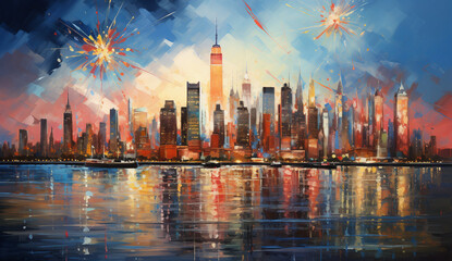 Canvas Print - Abstract New York Skyline with Colorful Fireworks - Celebrating 2024's New Year in Vibrant Art