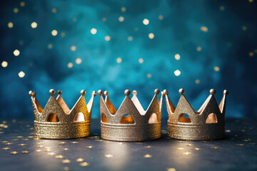 Three gold shiny crowns on navy blue background. Three Kings day or Epiphany day holiday celebration night background