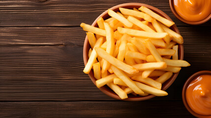 Wall Mural - french fries french-fried potatoes, finger chips, or simply fries and ketchup sauce on a wooden table, top view, Free space for text