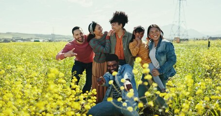 Poster - Travel, fun and friends in a field in the countryside happy, excited and bonding in nature together. Diversity, portrait and girl child with group of people outdoor with freedom, smile and adventure