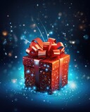 Fototapeta Desenie - Gift box with a red bow on a dark background. Created with Generative AI tools