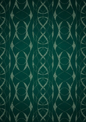  Hand-drawn unique abstract symmetrical seamless ornament. Bright green on a deep cold green with vignette of a darker background color. Paper texture. Digital artwork, A4. (pattern: p10-3e)
