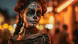 © BerndRolauffs - Close-up of a Mexican woman on a street in revealing dress dressed for Day of the Dead celebrations with elaborate makeup including black and white colorful face paint, black eyes, and red roses