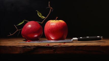 Wall Mural -  a knife and two red apples on a wooden table with a black background.  generative ai