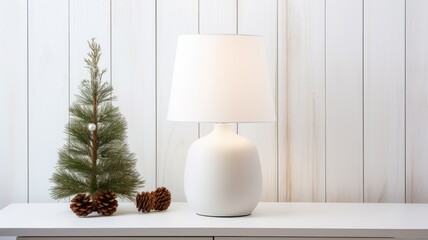 Blank Canvas for Greetings, the lamp and fir sprig against the wooden background, a large open space on the left. This blank canvas is perfect for adding personalized holiday greetings