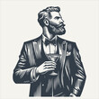 Gentleman holding a glass of cocktail. Vintage woodcut engraving style vector illustration.