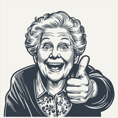 Grandma showing thumb up. Vintage woodcut engraving style vector illustration.